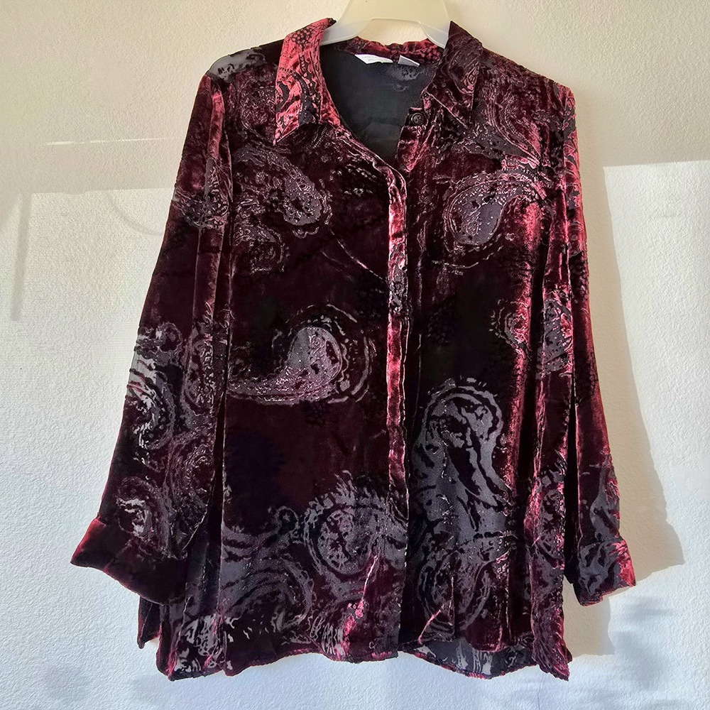 Laura Ashley Plus 2XL Silk Blend Dark Romantic Velvet Button Up Top Whimsy Goth